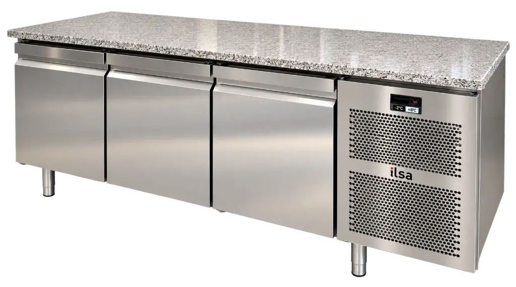 Comptoir réfrigéré professionnel en inox piliers ralliés.webp